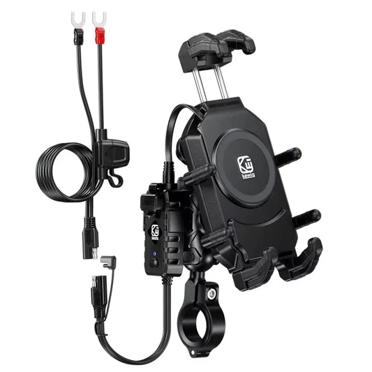Motorcycle Phone Mount with 15W Wireless Charger | 30W USB-C Charger | Anti-Theft Handlebar Holder for IPhone Android Phones